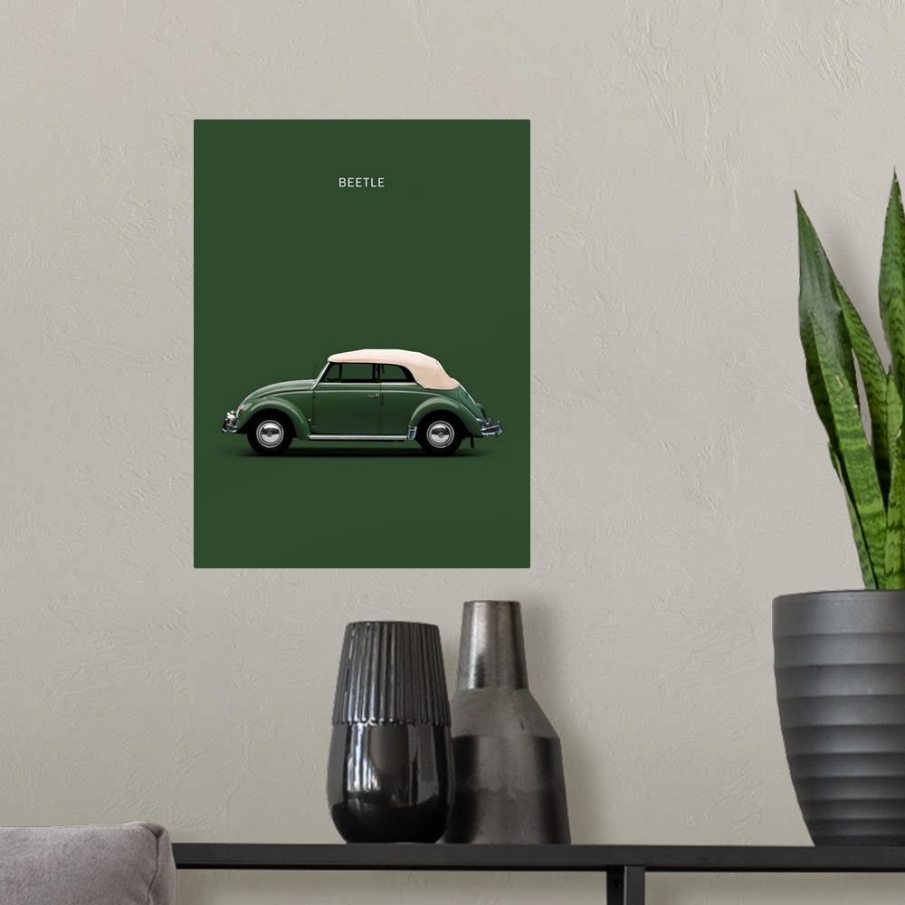 A modern room featuring Photograph of a dark green VW Beetle Green 53 with a cream hood printed on a green background