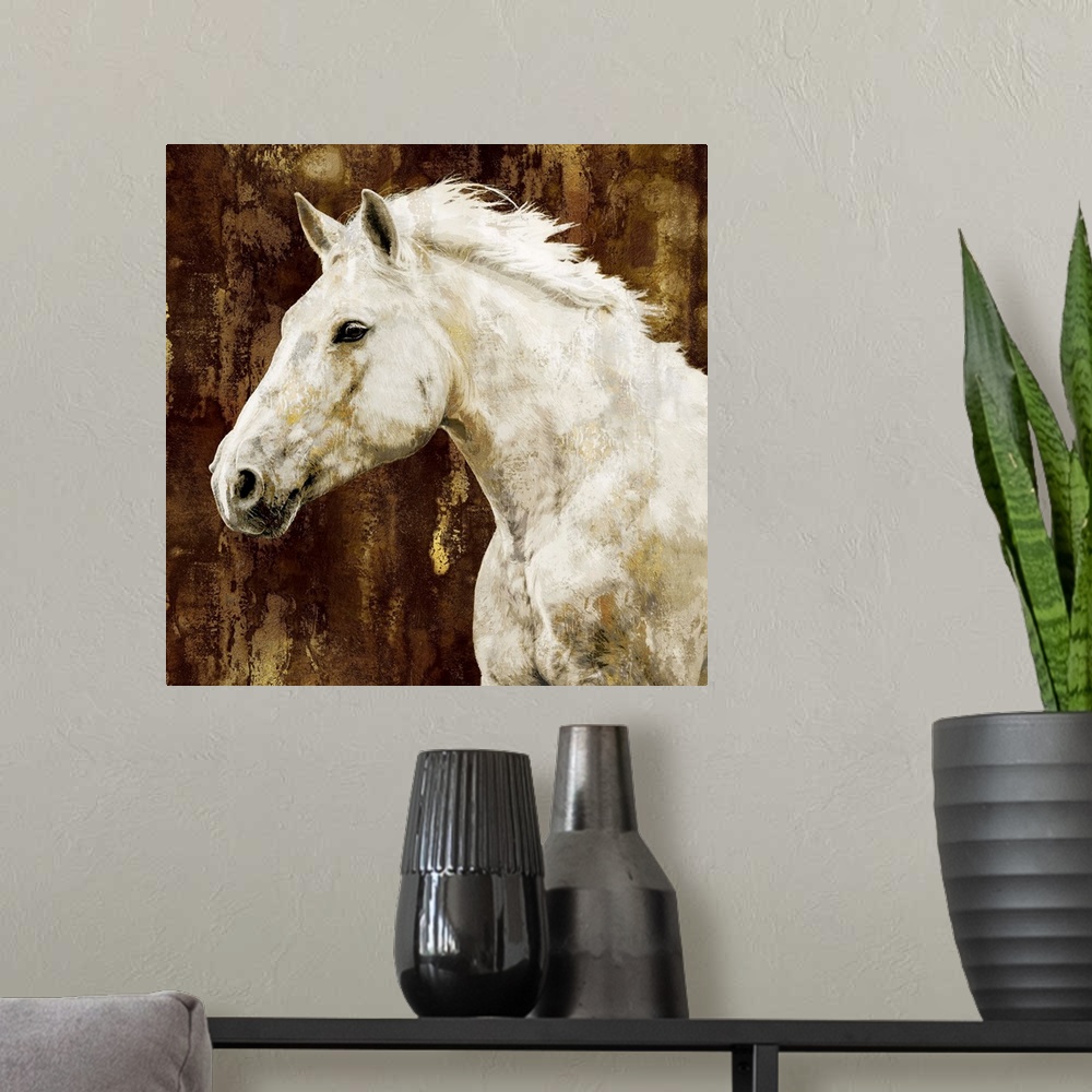 A modern room featuring Square decor of a white stallion with its head down on a silver background and gold streaks runni...