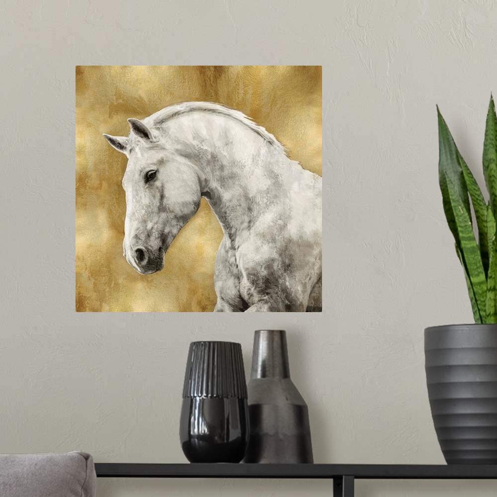 A modern room featuring Square decor with a white stallion on a metallic gold background.