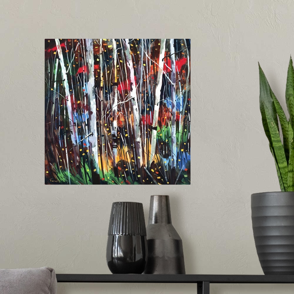 A modern room featuring A square abstract painting of a forest of birch trees with black, red, yellow and red colors in t...