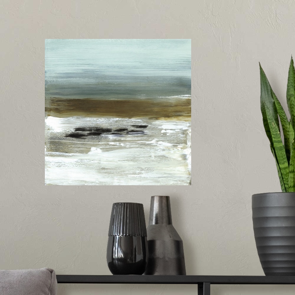 A modern room featuring A modern abstract landscape of a beach scene in bold brush strokes of green, blue and white with ...