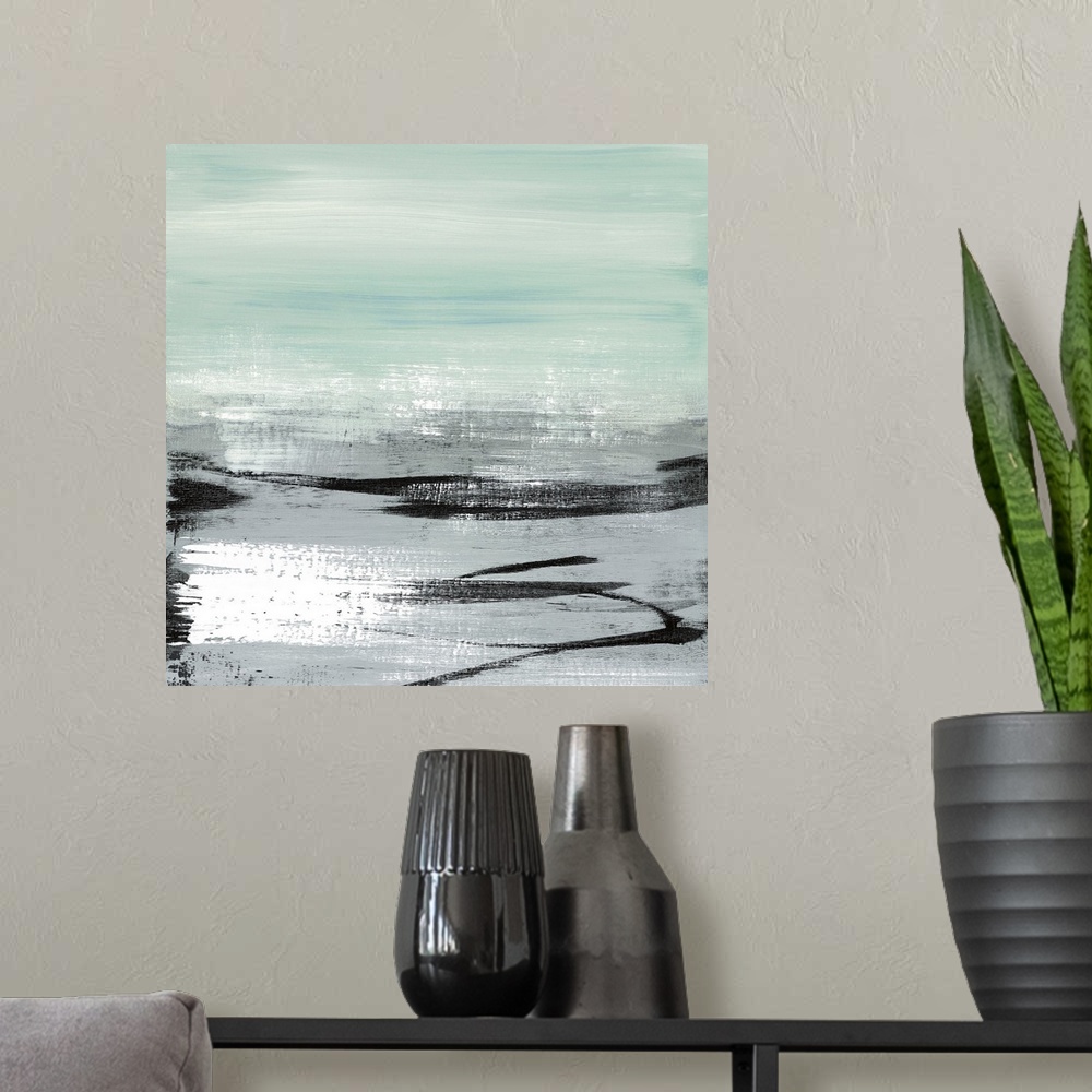 A modern room featuring A modern abstract landscape of a beach scene in bold brush strokes of black, gray and teal.
