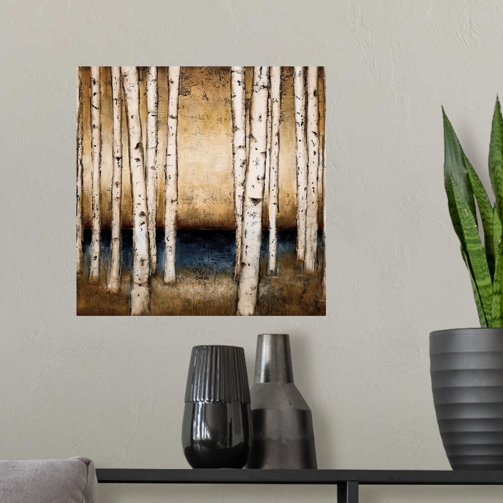 A modern room featuring Square contemporary painting of birch trees in a forest done in neutral earth tones.