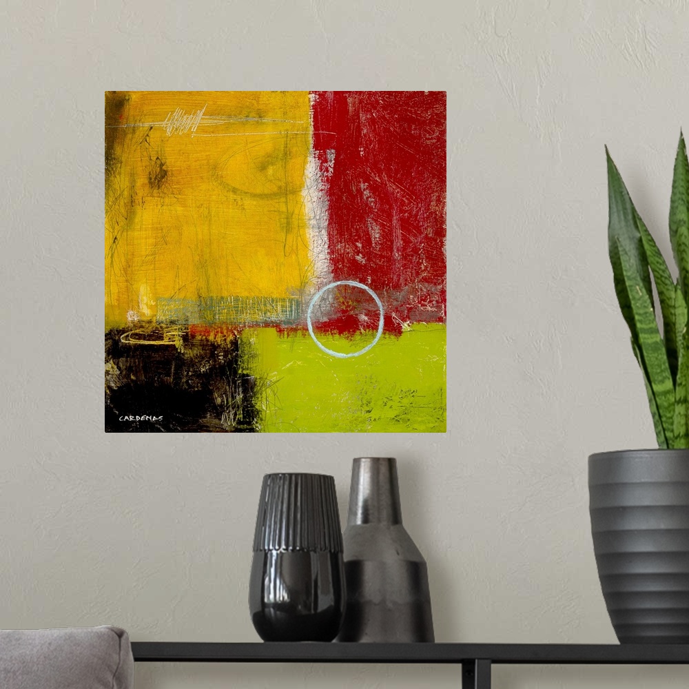 A modern room featuring Red, mustard, lime green and black abstract, square.