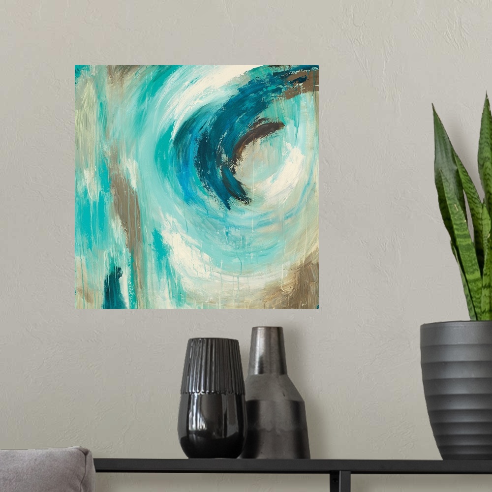 A modern room featuring A square abstract painting of swirled colors of teal, white and gray.