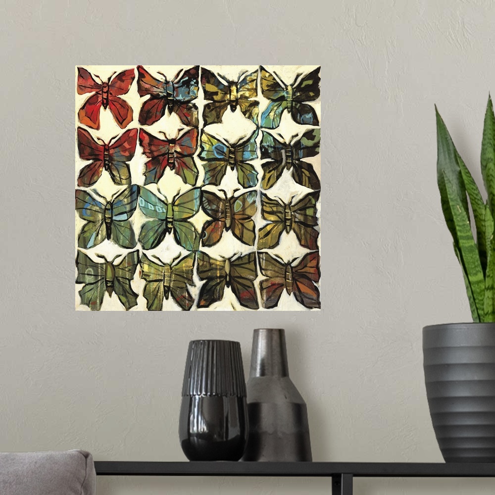 A modern room featuring Square complementary painting of rows of butterflies in multiple colors fading into each other.