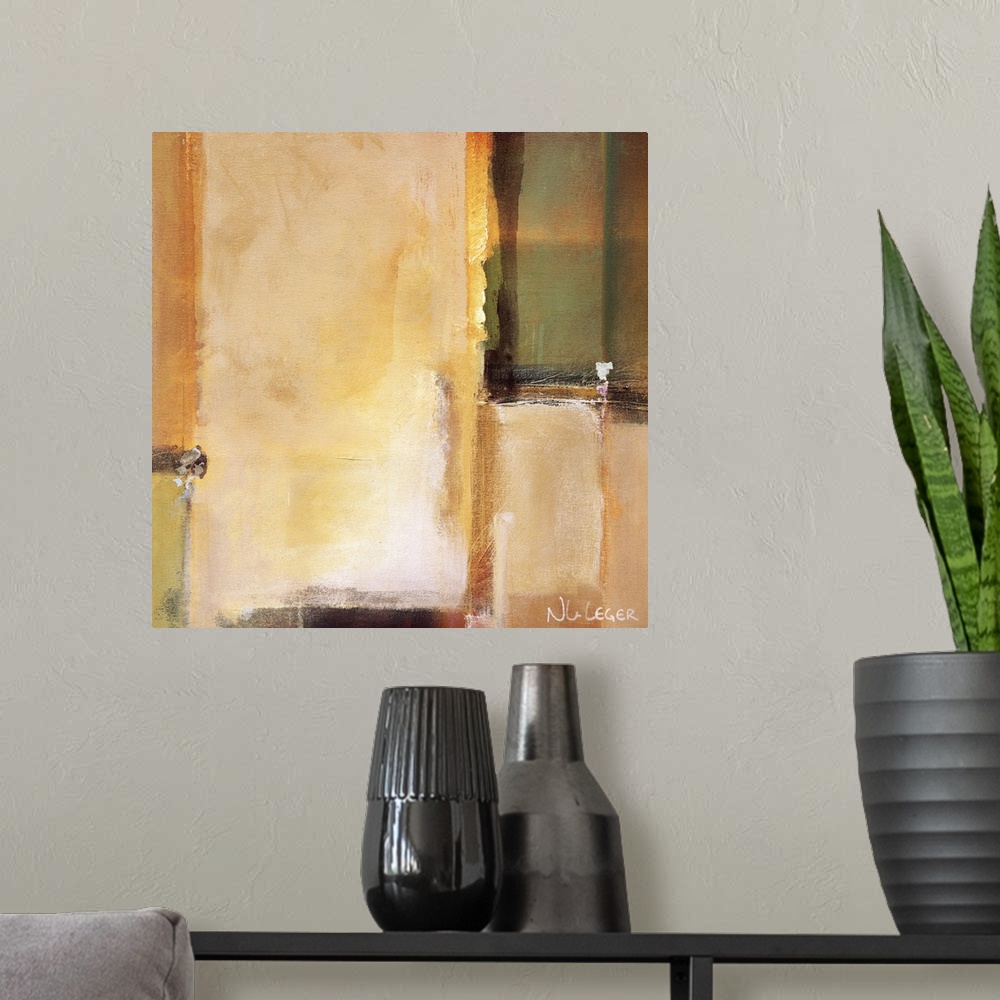 A modern room featuring Abstract painting of soft squared shapes overlapping in earth tones.