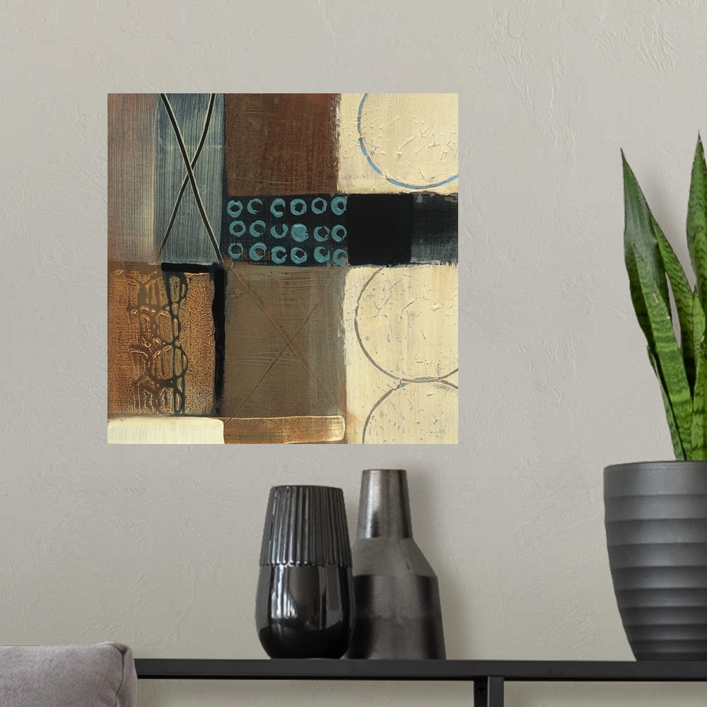 A modern room featuring Abstract painting of squared shapes overlapped with circular and "x" elements done in textured ea...