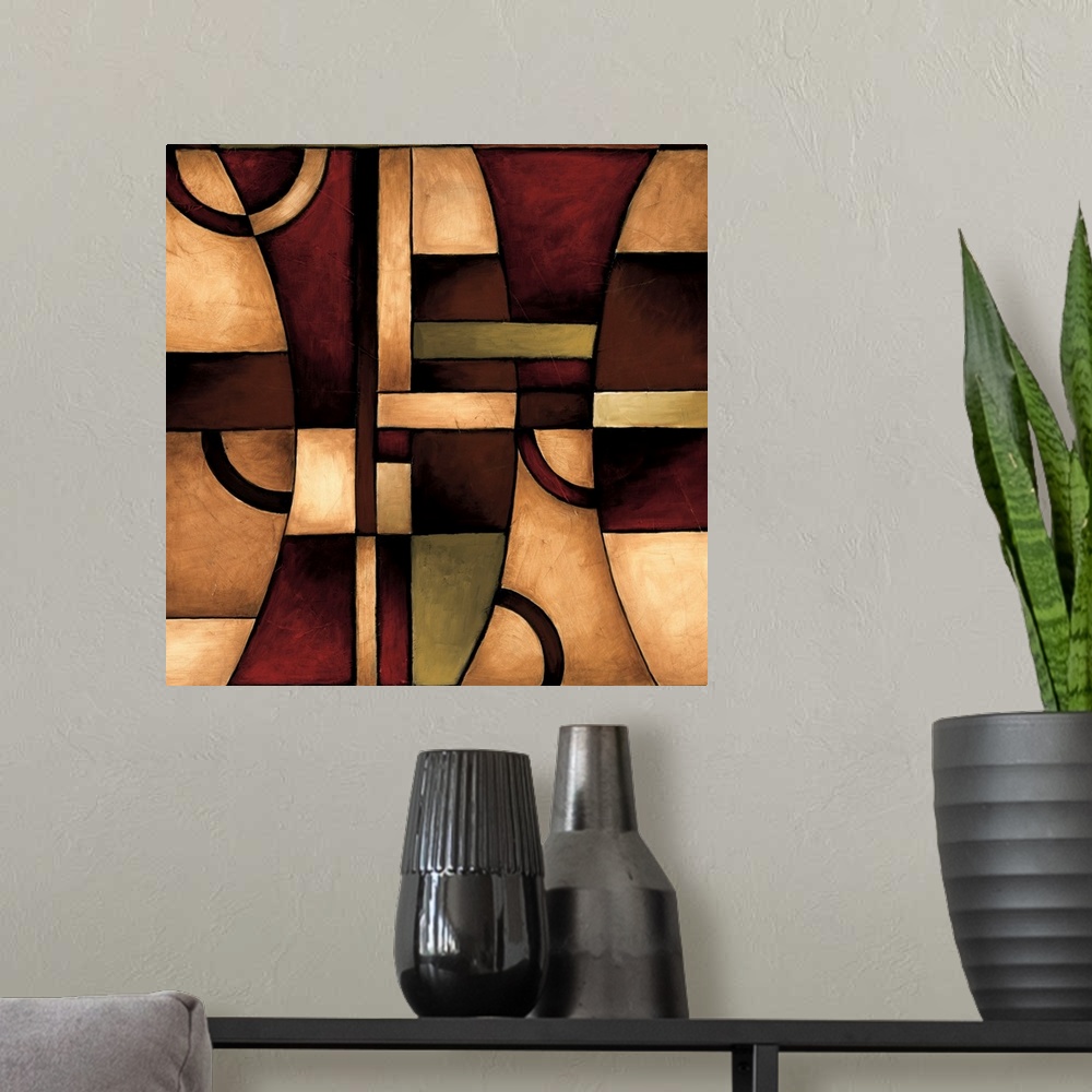 A modern room featuring Abstract painting of squared and curved shapes overlapping in earth color tones.