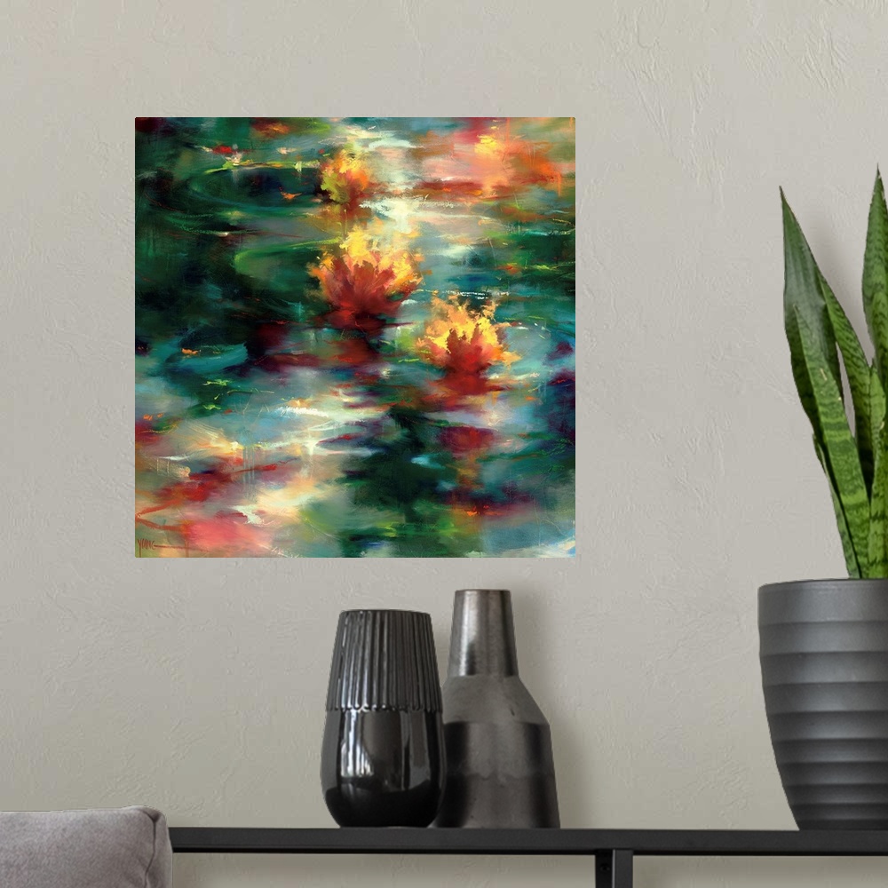 A modern room featuring A square abstract of colorful lily pads on the surface of a rippling pond.