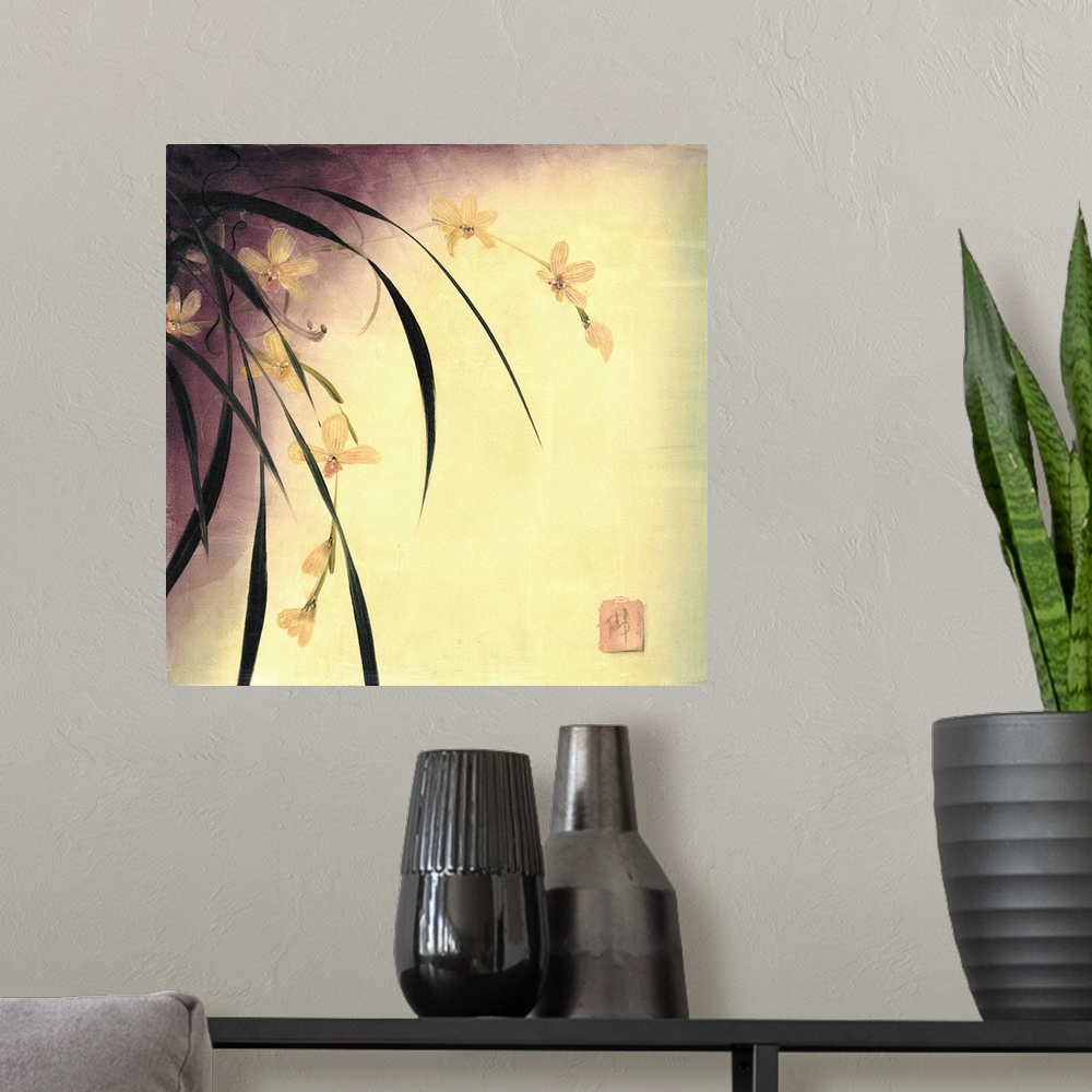 A modern room featuring Square painting of yellow orchid plant against of yellow background.