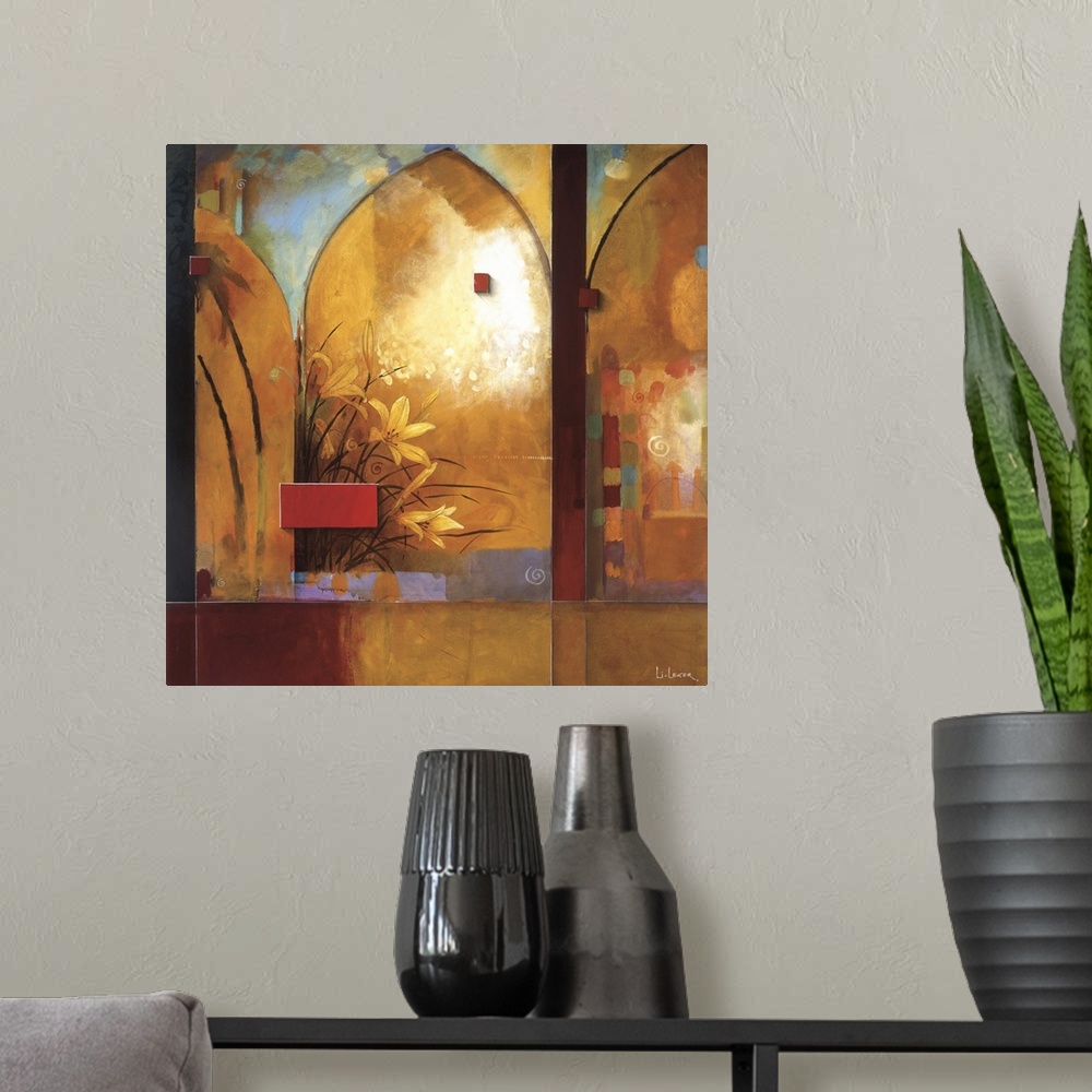 A modern room featuring A contemporary painting of lilies in a arched window bordered with a square grid design.