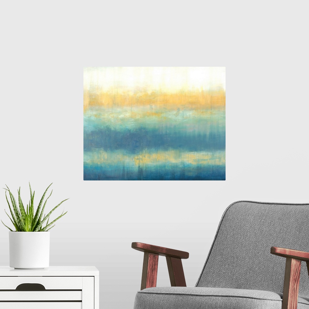 A modern room featuring Abstract painting in textured colors of white, yellow and blue.