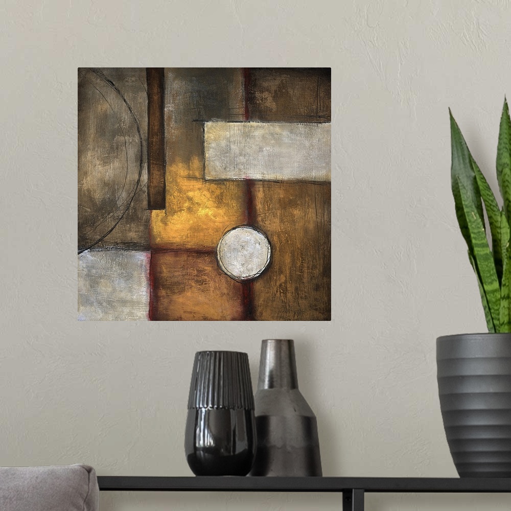 A modern room featuring Abstract painting of square and rectangle shapes overlapped with circular elements, all done in e...