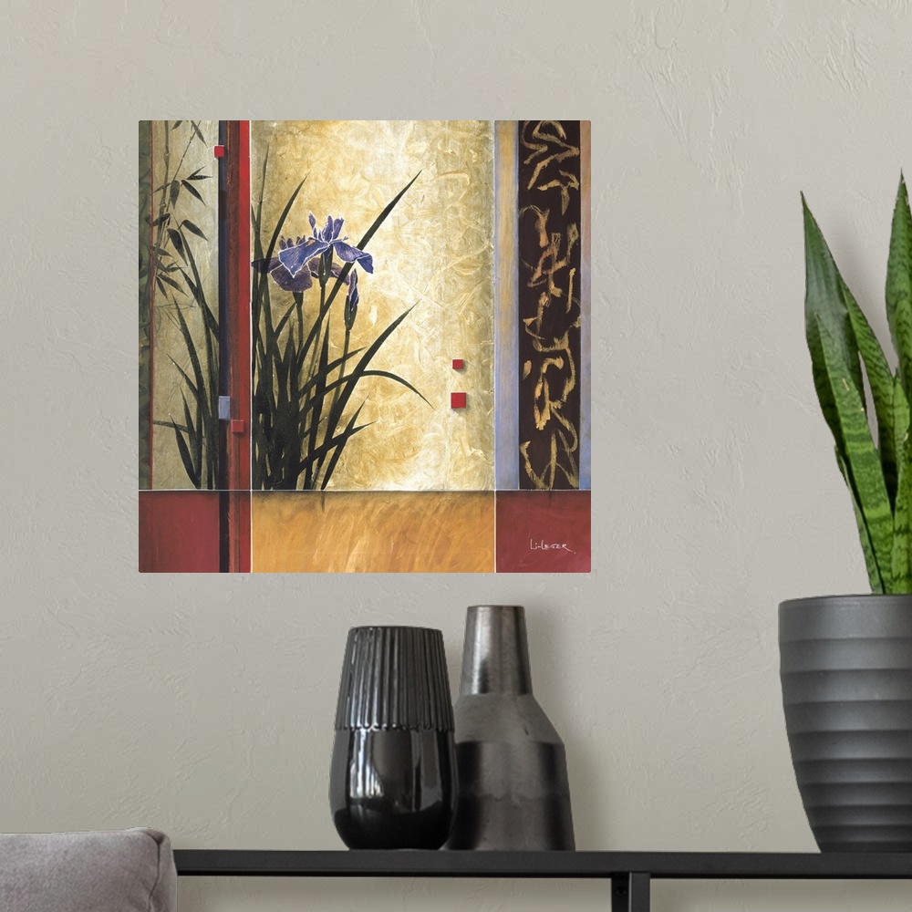A modern room featuring A contemporary Asian theme painting with irises with a square grid design.