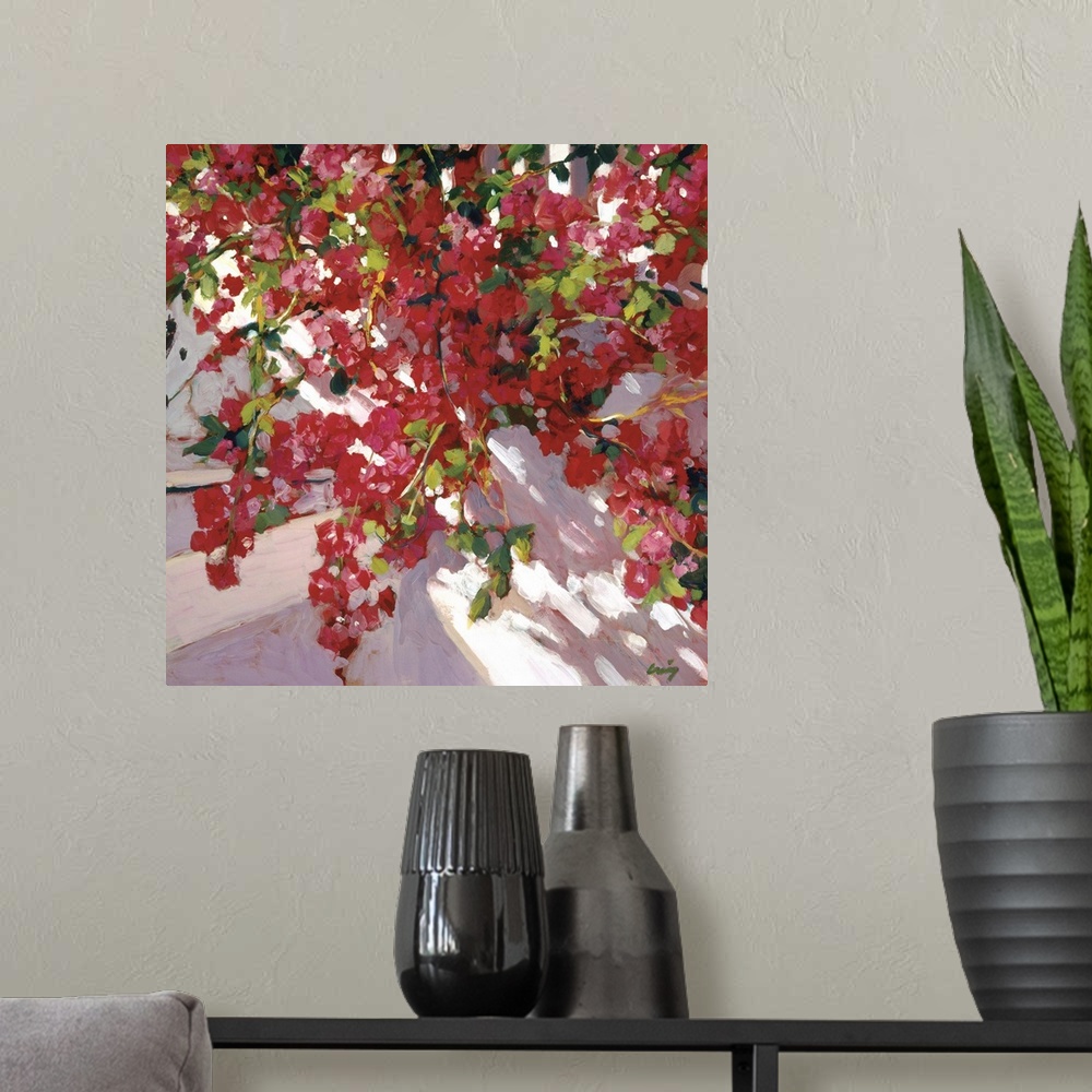 A modern room featuring A square contemporary painting of a red blooming hanging plant on a porch.