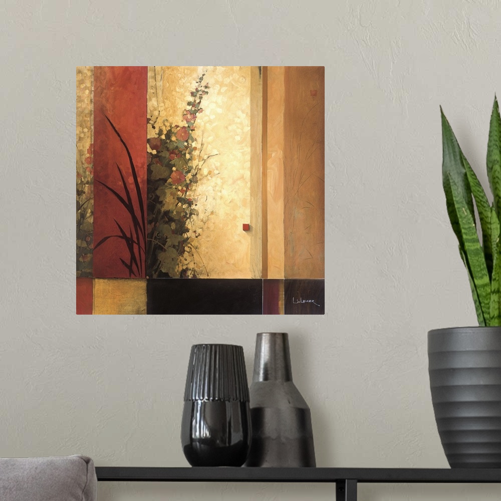 A modern room featuring A contemporary Asian theme painting with flowers and a square grid design.
