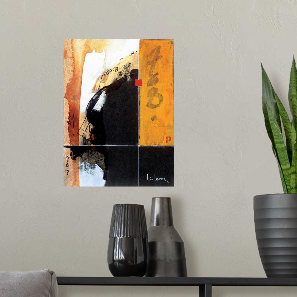 A modern room featuring Abstract painting of textured colors of black, red, yellow and orange.