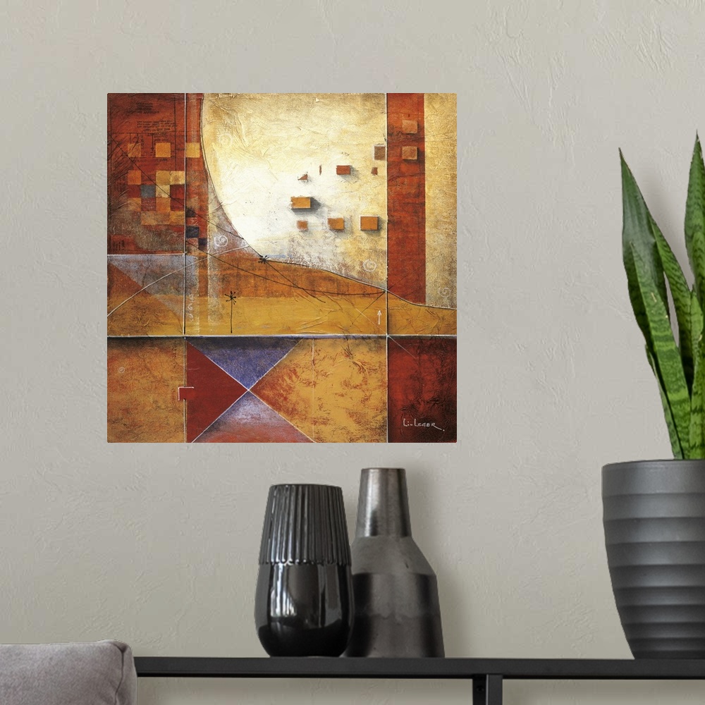 A modern room featuring Abstract painting of squared shapes overlapped and "x" elements, all done in warm earth tones.
