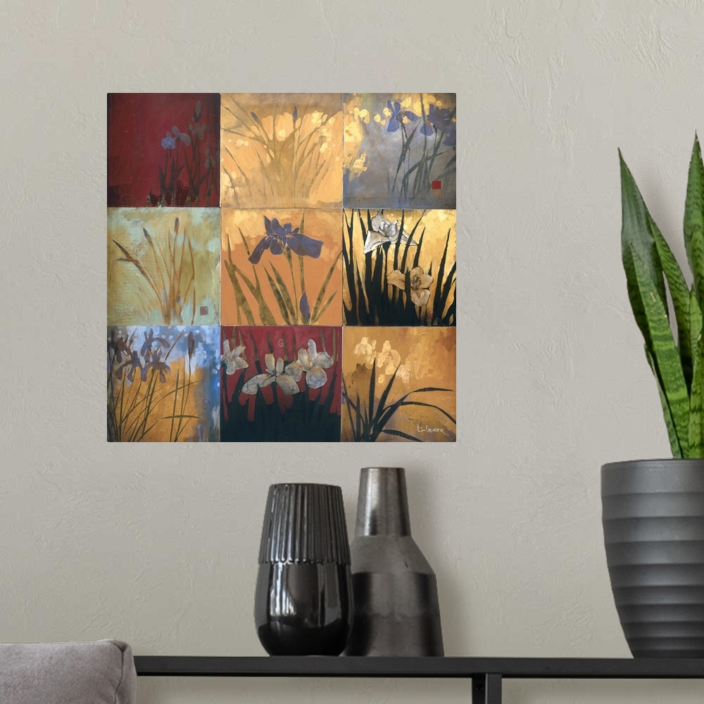 A modern room featuring A contemporary painting of irises in a nine square grid design.