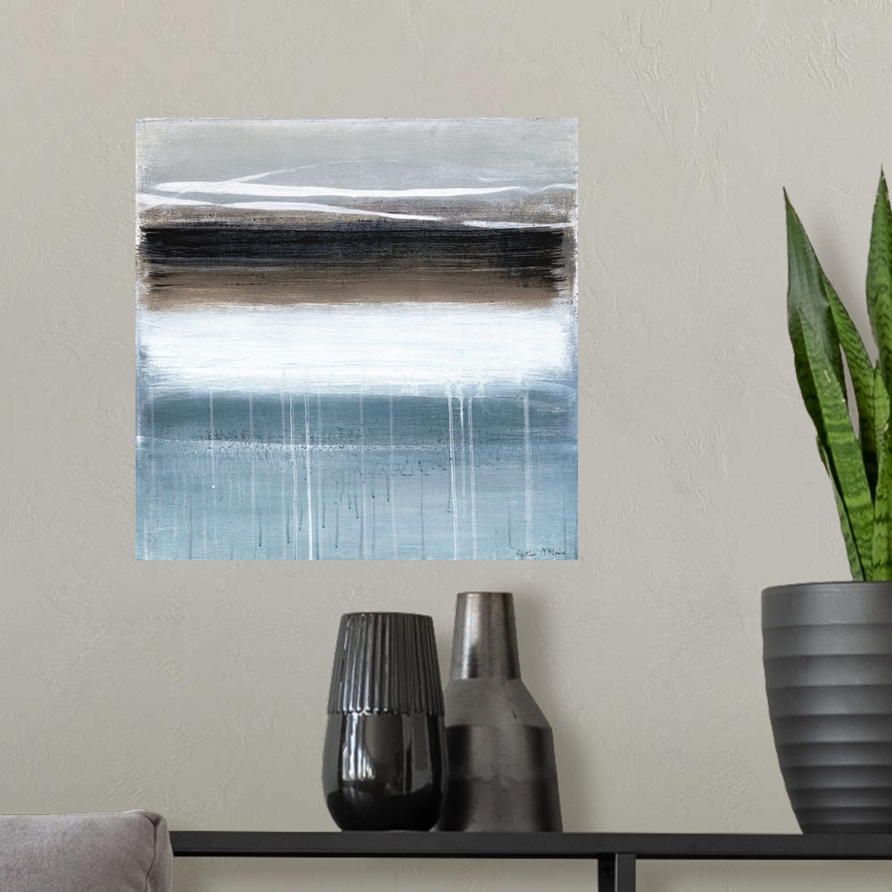 A modern room featuring Square abstract landscape of horizontal  wide brush strokes of brown and white with drips of pain...