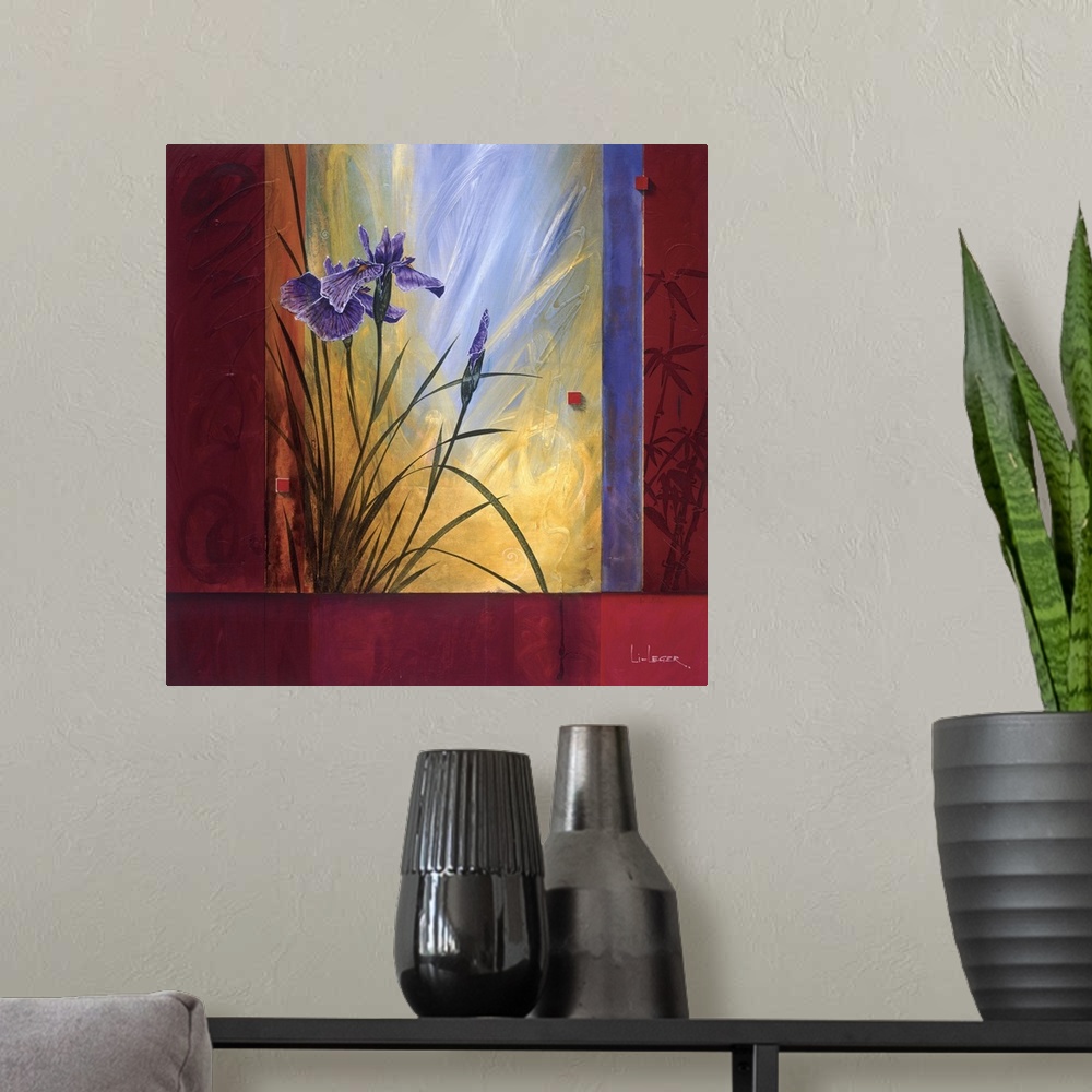 A modern room featuring A contemporary painting of purple irises with a square grid design border.