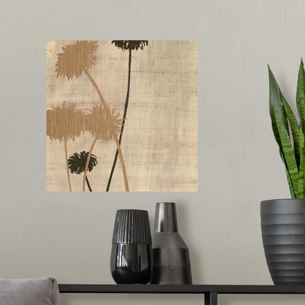 A modern room featuring Square artwork of a small group of flowers in black and brown with a linen textured effect.