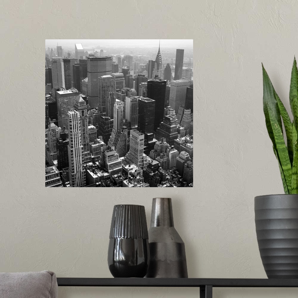 A modern room featuring Black and white photo of New York.