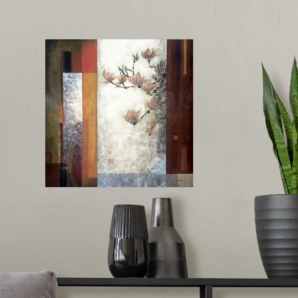 A modern room featuring A contemporary painting of red flowers with a square grid design border.