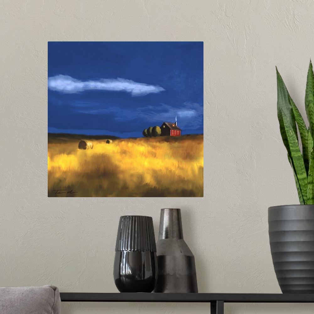 A modern room featuring Painting of a red farmhouse in a wheat field with hay bales.