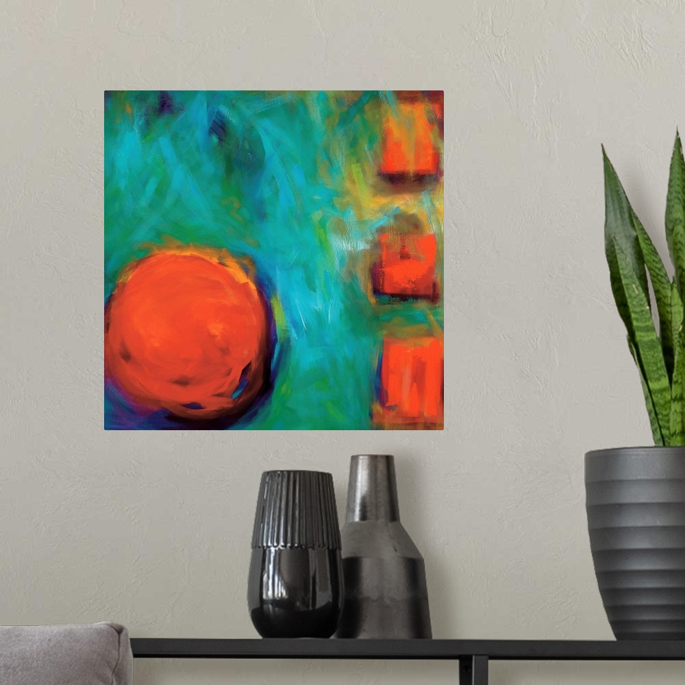 A modern room featuring Abstract square painting of a large circle and three small squares on the right in orange surroun...