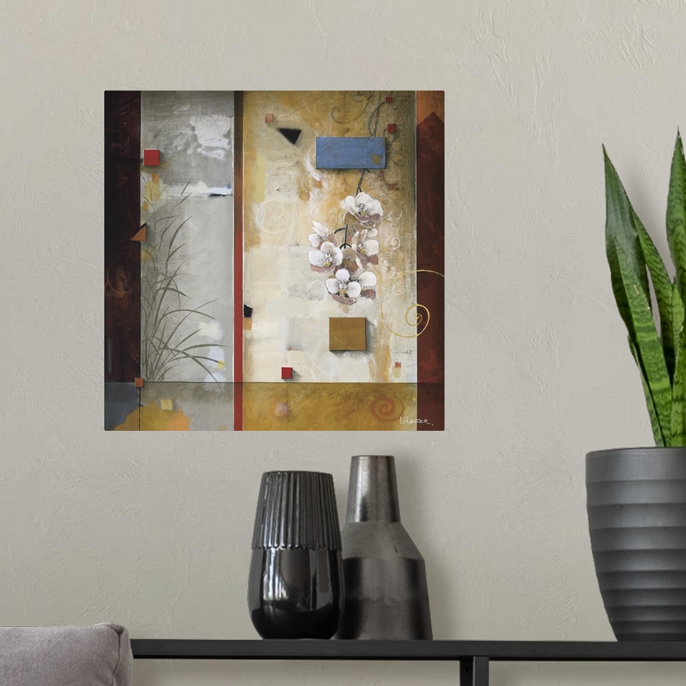 A modern room featuring A contemporary Asian theme painting with white orchids bordered with a square grid design.