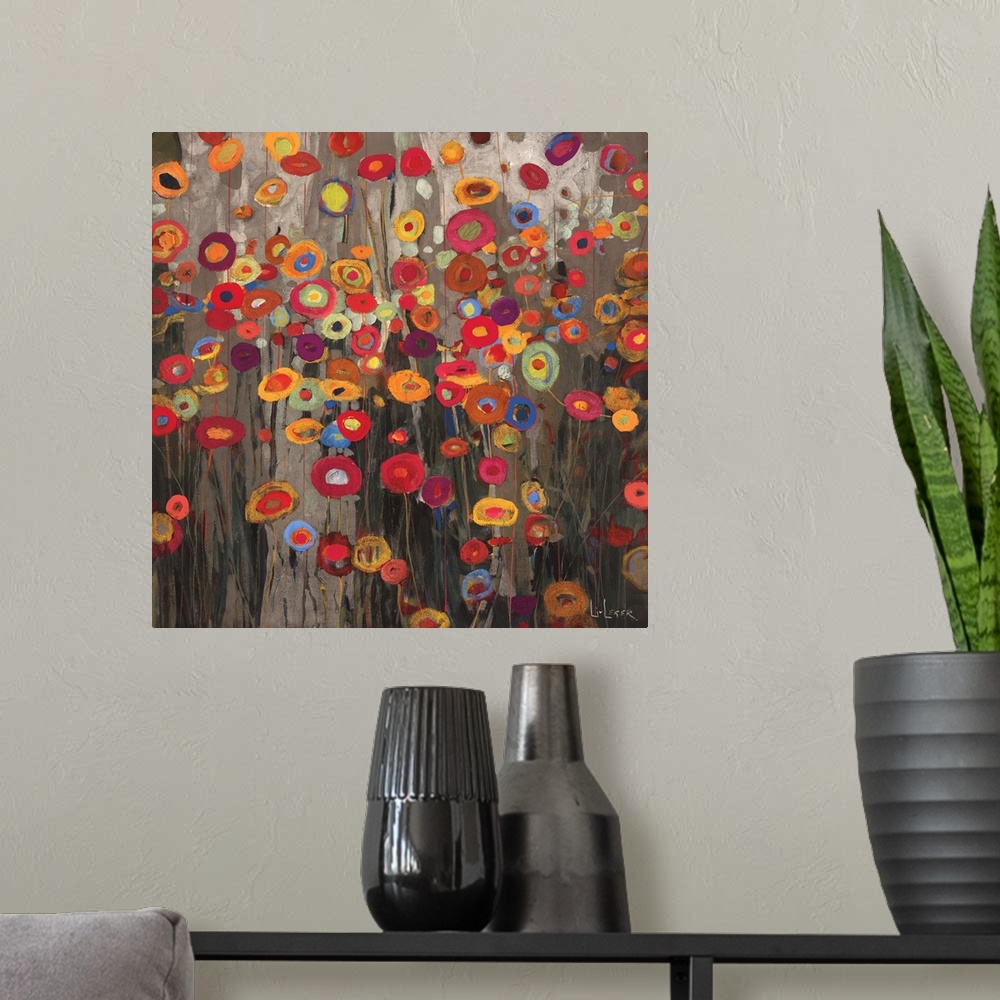 A modern room featuring A square painting of a group of multi-colored poppies on a neutral backdrop.