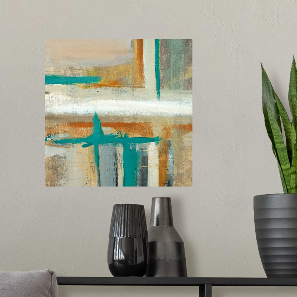 A modern room featuring Square abstract painting of horizontal and vertical brush strokes in shades of teal, brown, gray ...