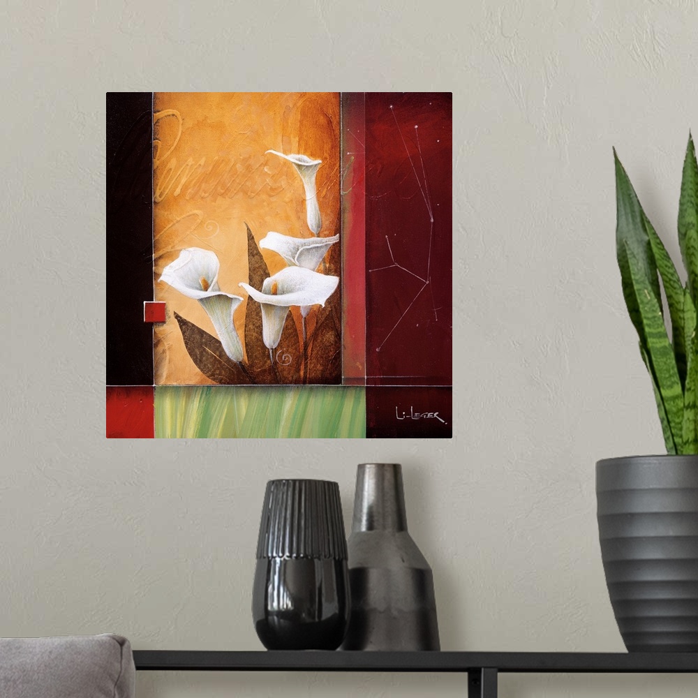 A modern room featuring A contemporary painting of white calla lilies bordered with a square grid design.