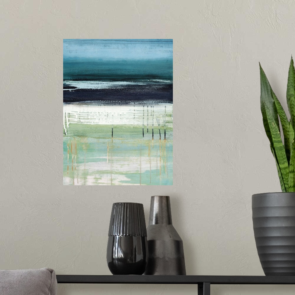 A modern room featuring A modern abstract landscape of a beach scene in bold brush strokes of  gray green and blue.