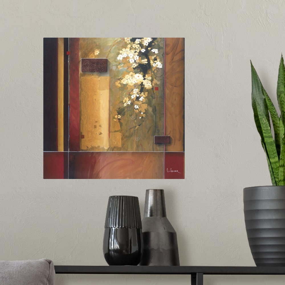 A modern room featuring A contemporary painting of white cherry blossoms with a square grid design border.