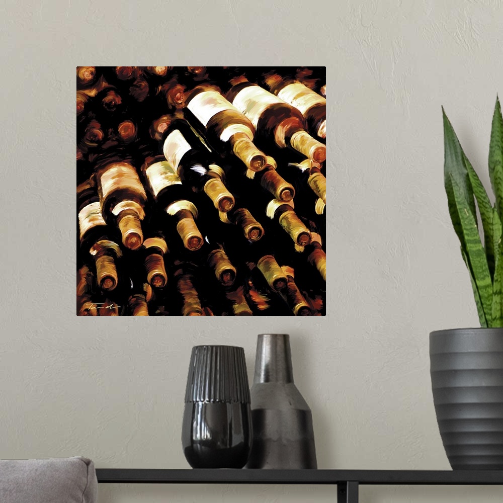 A modern room featuring Square contemporary painting of a stack of wine bottles.