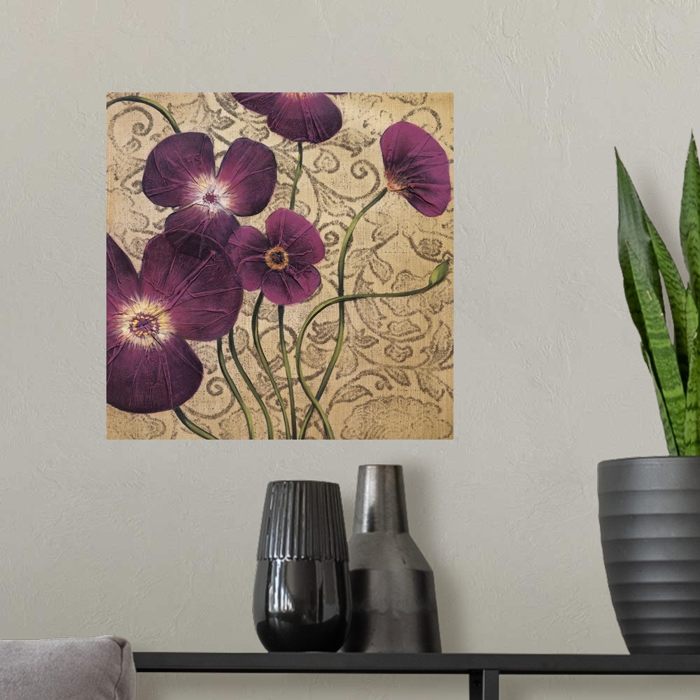 A modern room featuring Square painting of a group of purple flowers with textured petals against a neutral backdrop with...