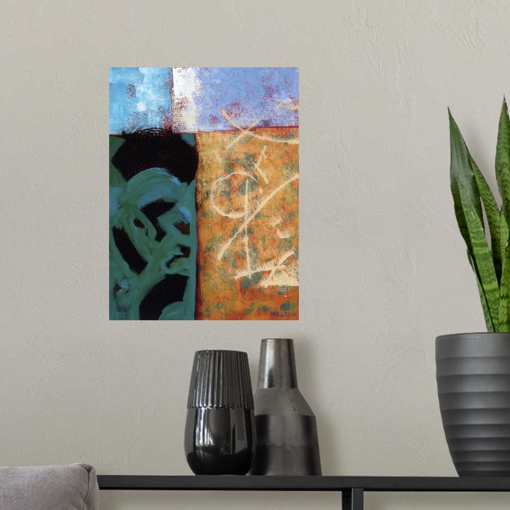 A modern room featuring Abstract landscape in four boxed shapes in different colors and layered elements.