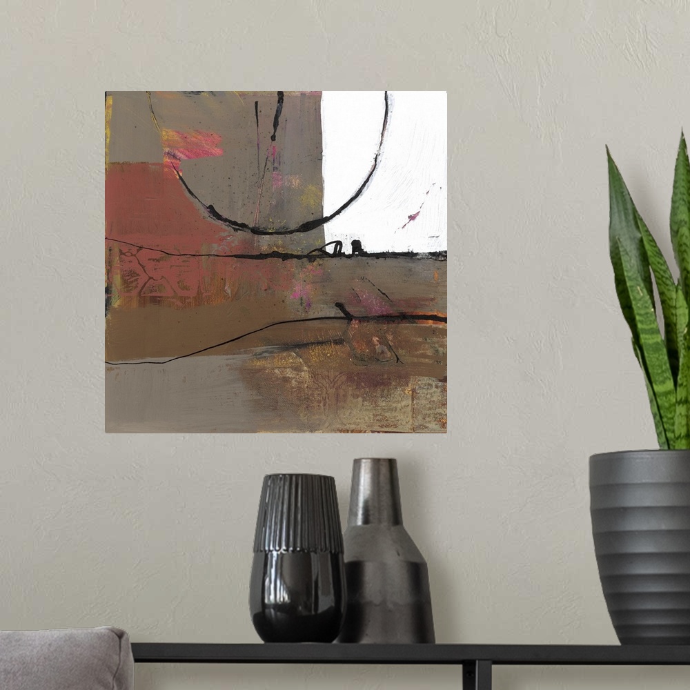 A modern room featuring A square abstract painting in neutral tones with fine black lines and textured strokes.