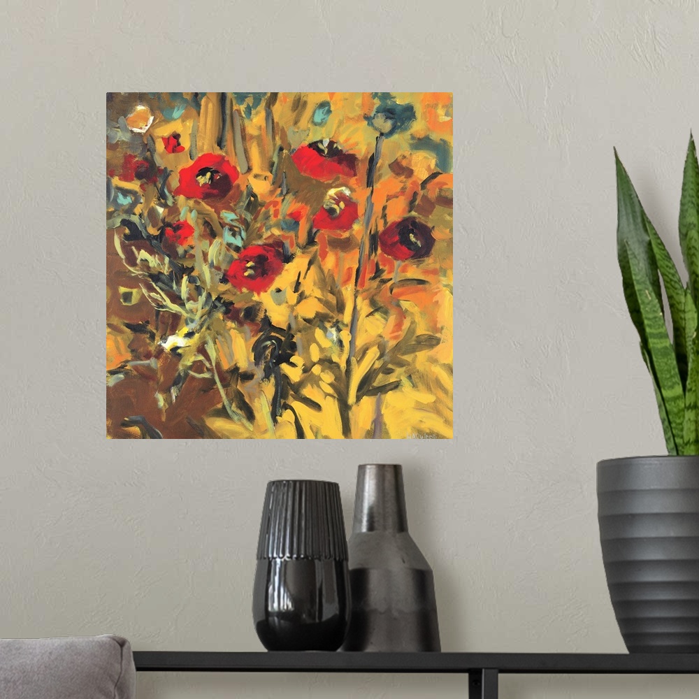 A modern room featuring Square painting of flowers, some open and some closed, against a bright background.