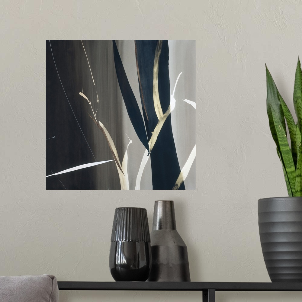 A modern room featuring A modern painting of a close-up view of leaves of plants in natural colors.