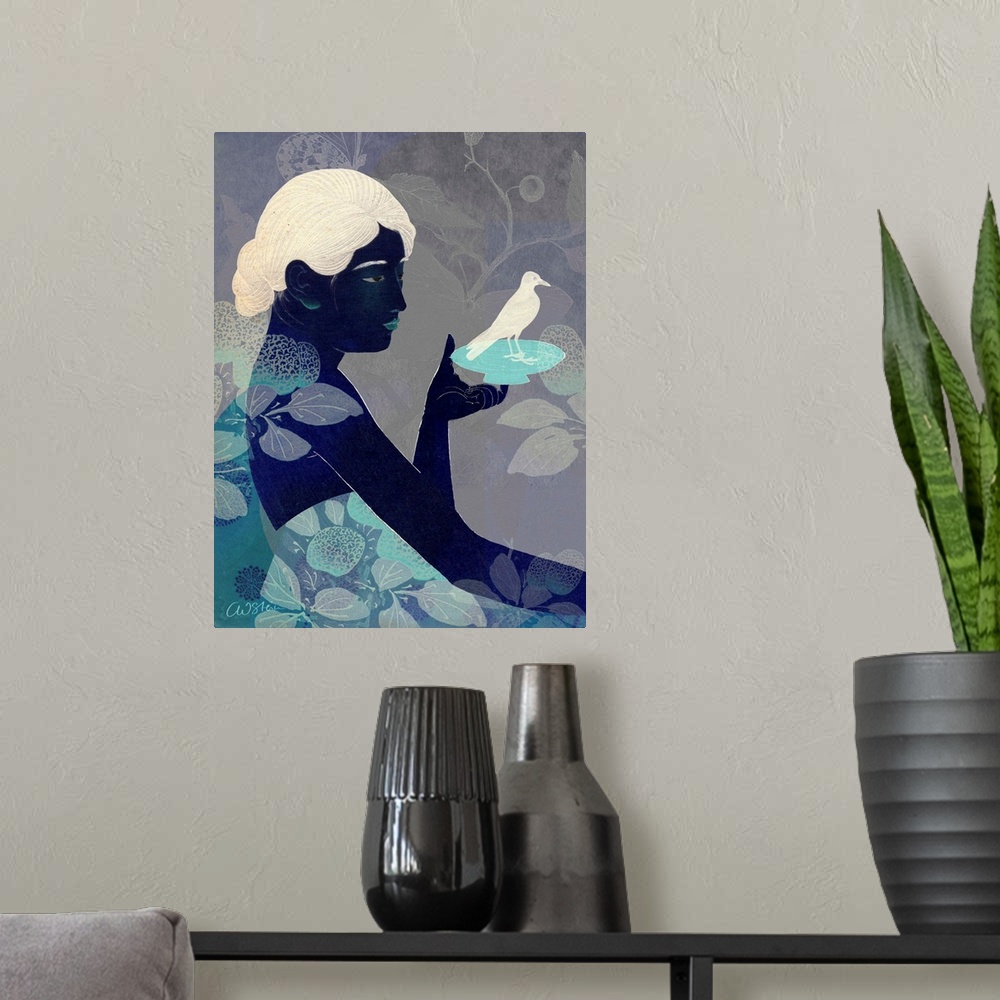 A modern room featuring Modern artwork of a woman holding a plate with a bird on it.  The image is made up of different s...