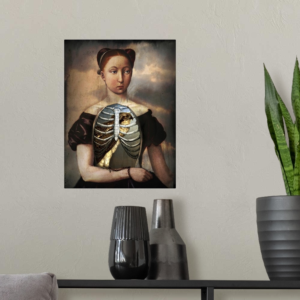 A modern room featuring A portrait of a young Victorian lady with the inside of her chest exposed, showing a hawk inside.