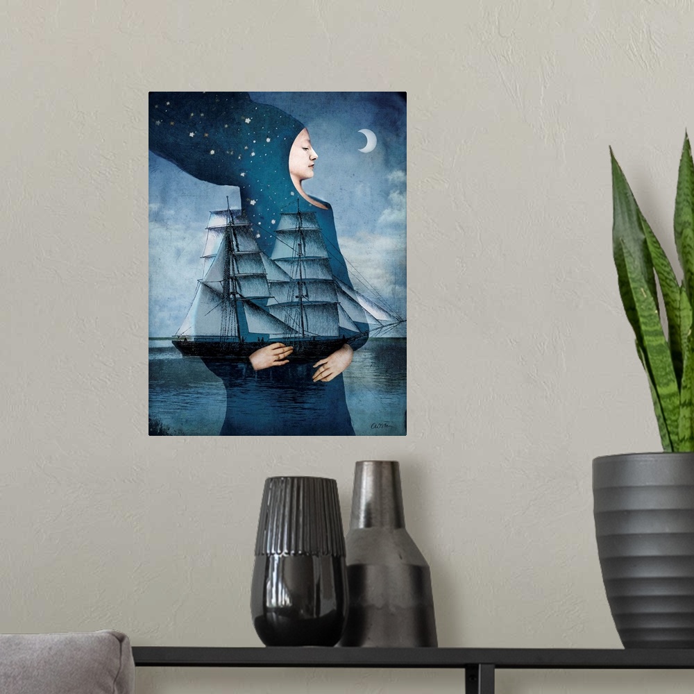 A modern room featuring A woman cloaked in blue with stars is holding a large ship in the moonlight.