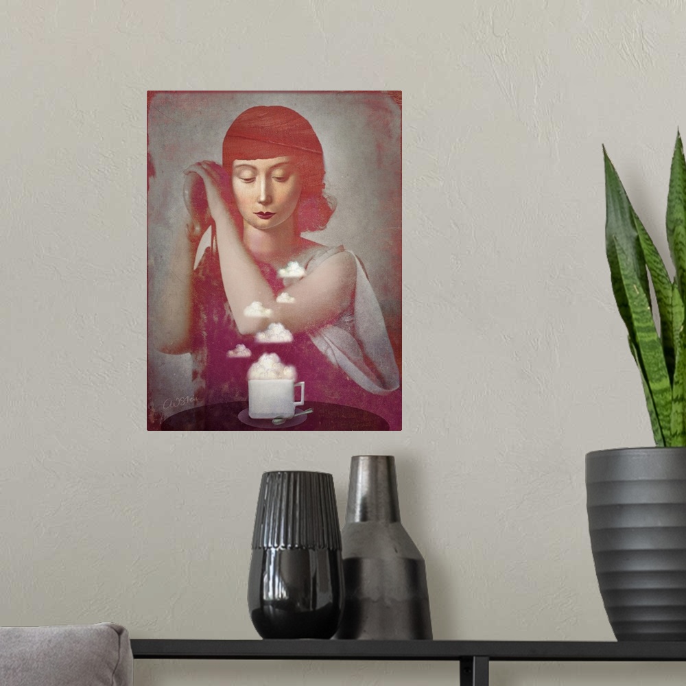 A modern room featuring A portrait of a lady sitting at a table with a cup of clouds.