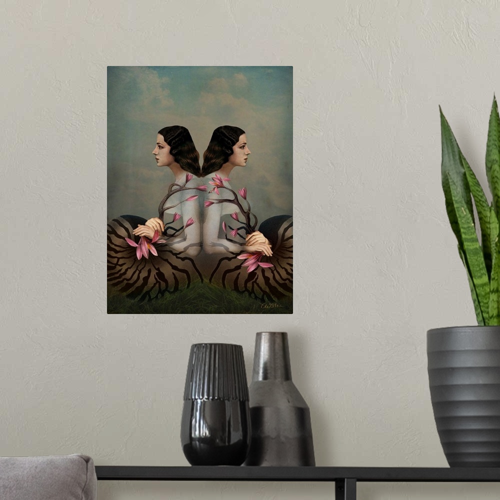 A modern room featuring Two identical looking woman who appear to be emerging from cocoons while holding pink lilies.