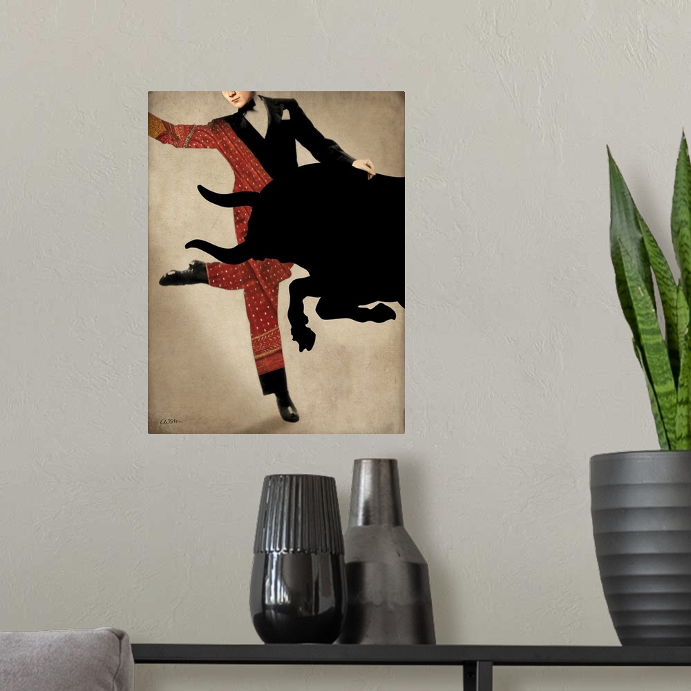 A modern room featuring A modern take of bull fighting in which the matador is wearing a tuxedo and dancing shoes.