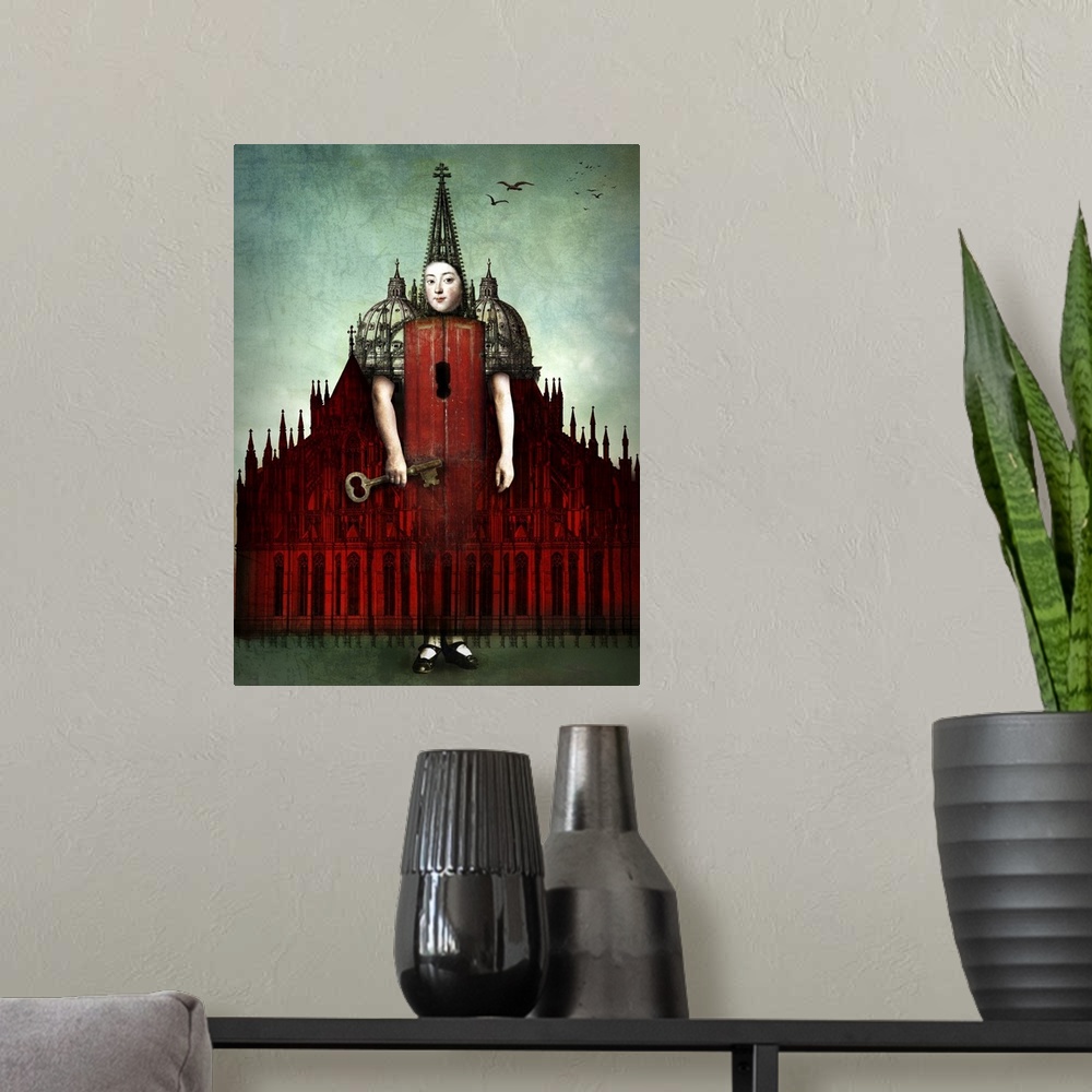 A modern room featuring A person with a big key materializing from a large red castle.